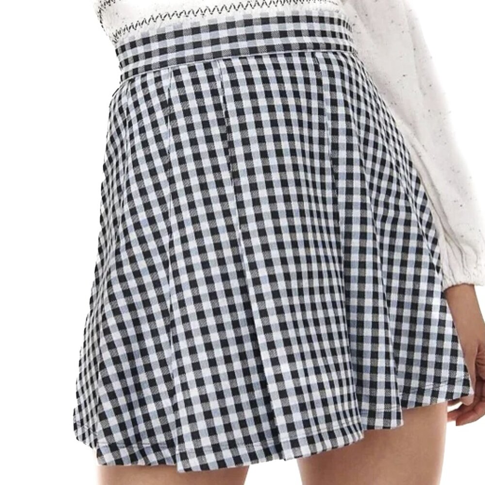 Free People Honey Pleated Skirt in Black Gingham Combo Blue Mini‎ Sz 4 - NWOT